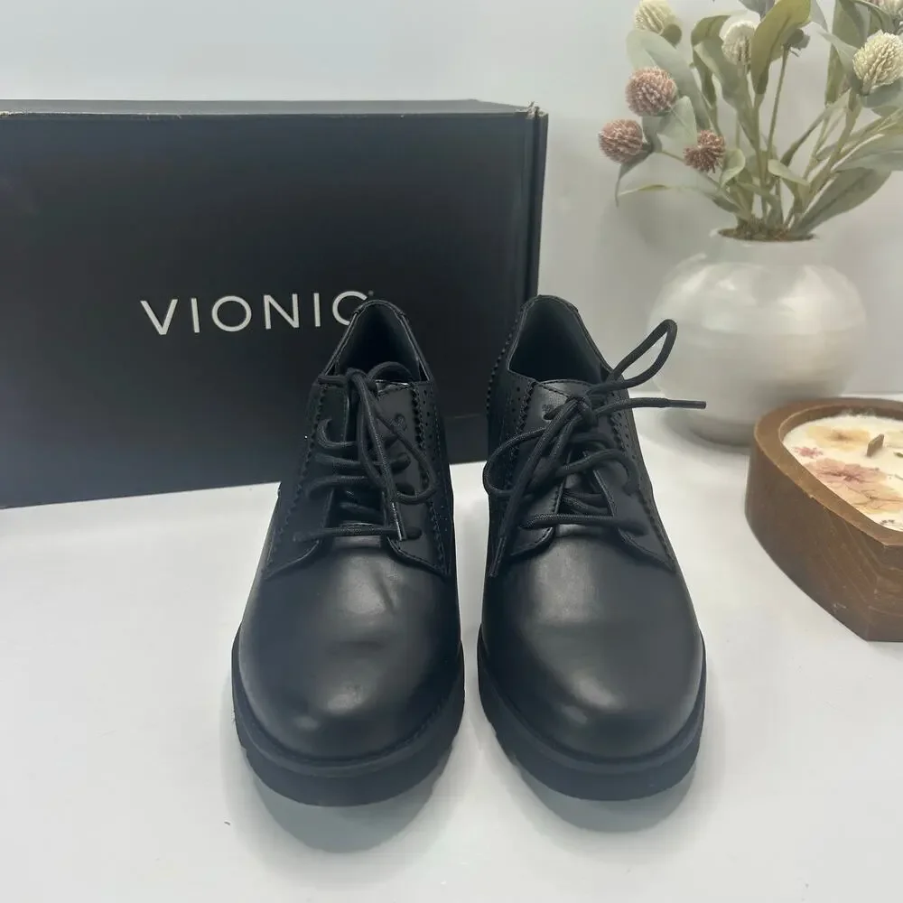 Vionic Anaheim Leather Lace Up Chunky Wedge Derby Loafer Black Women's 6.5M NWB
